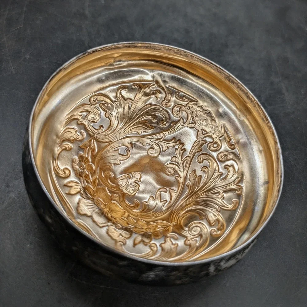 Antique Cut Glass Vanity Jar with Ornate Repousse Floral Metal Lid Starburst